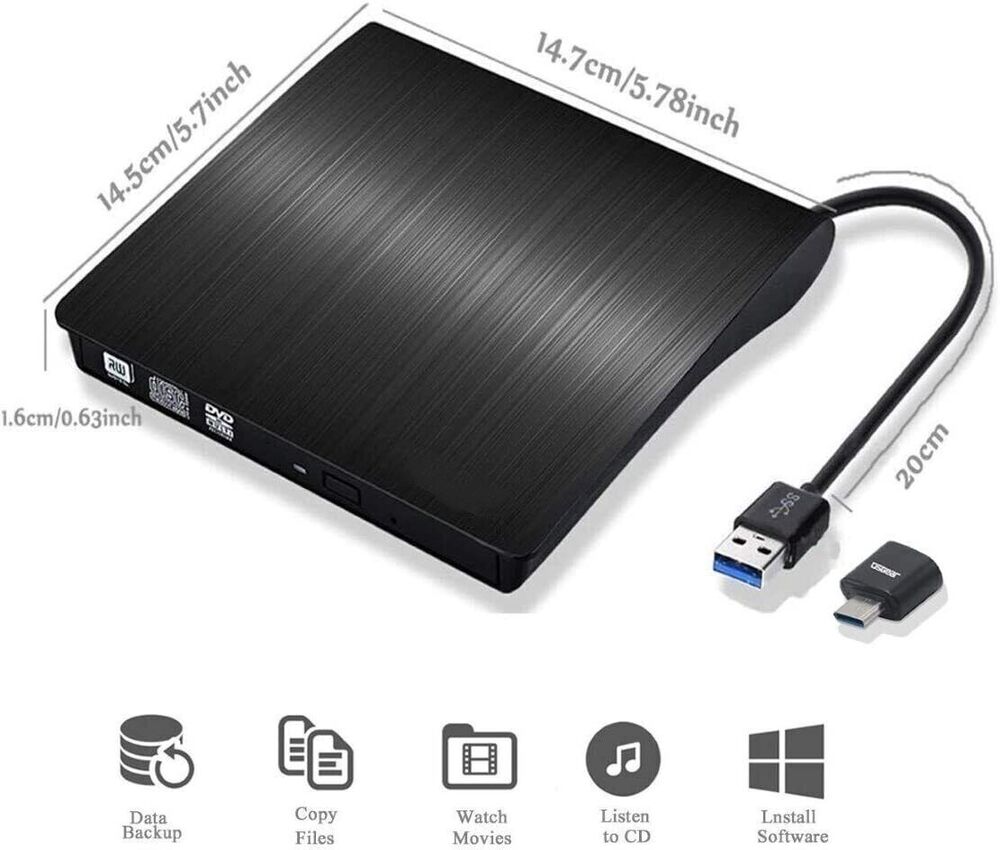 USB 3.0 Dual Port External DVD CD Drive with Optical Burner