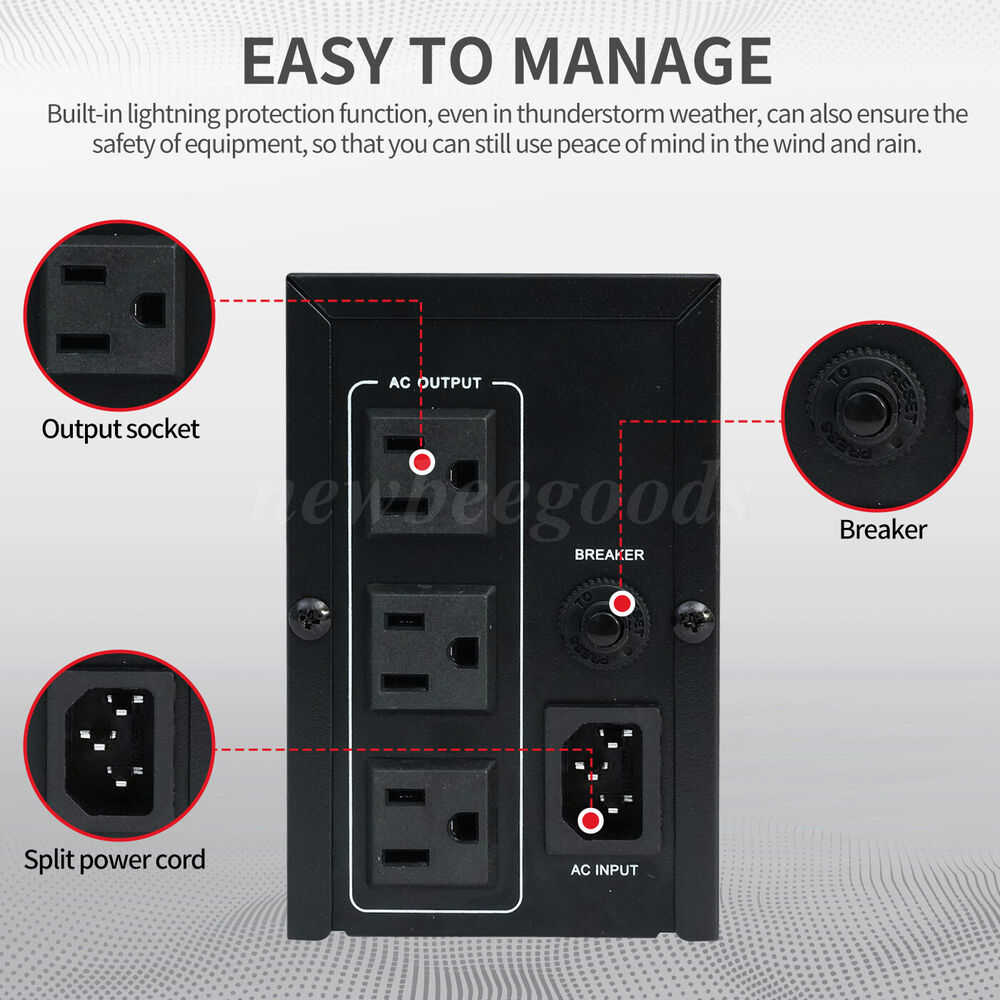 1000VA 600W UPS Battery Backup with LCD Display